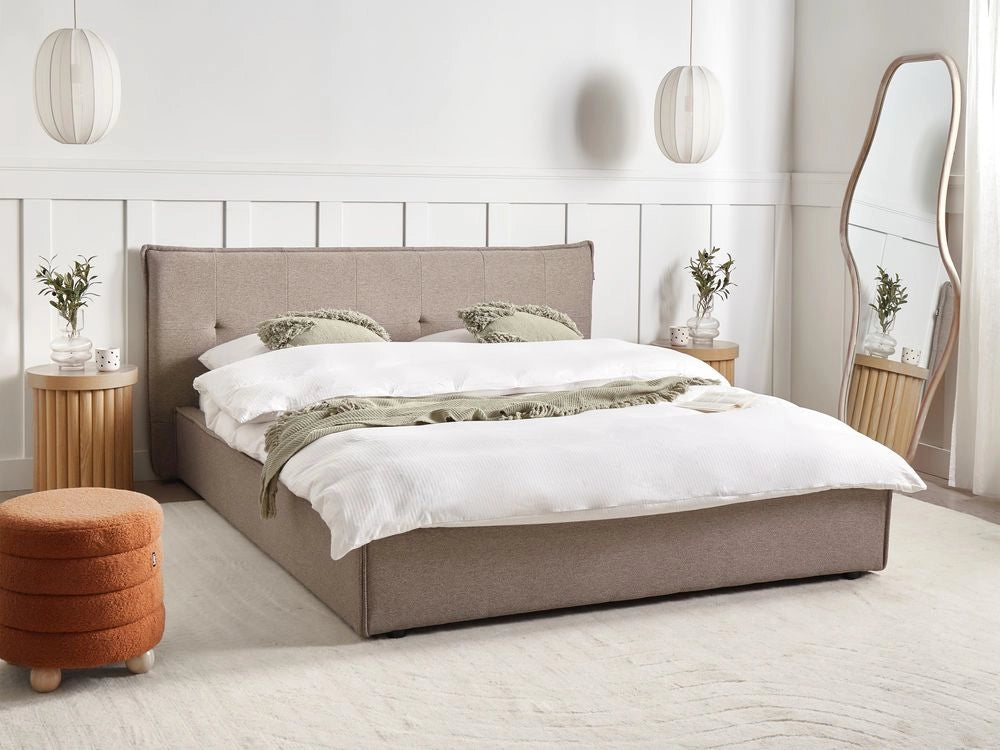 Letto ad acqua king size UE con rivestimento in tessuto di lino tortora e gambe nere 160 x 200 cm con testiera e struttura a doghe per camera da letto.