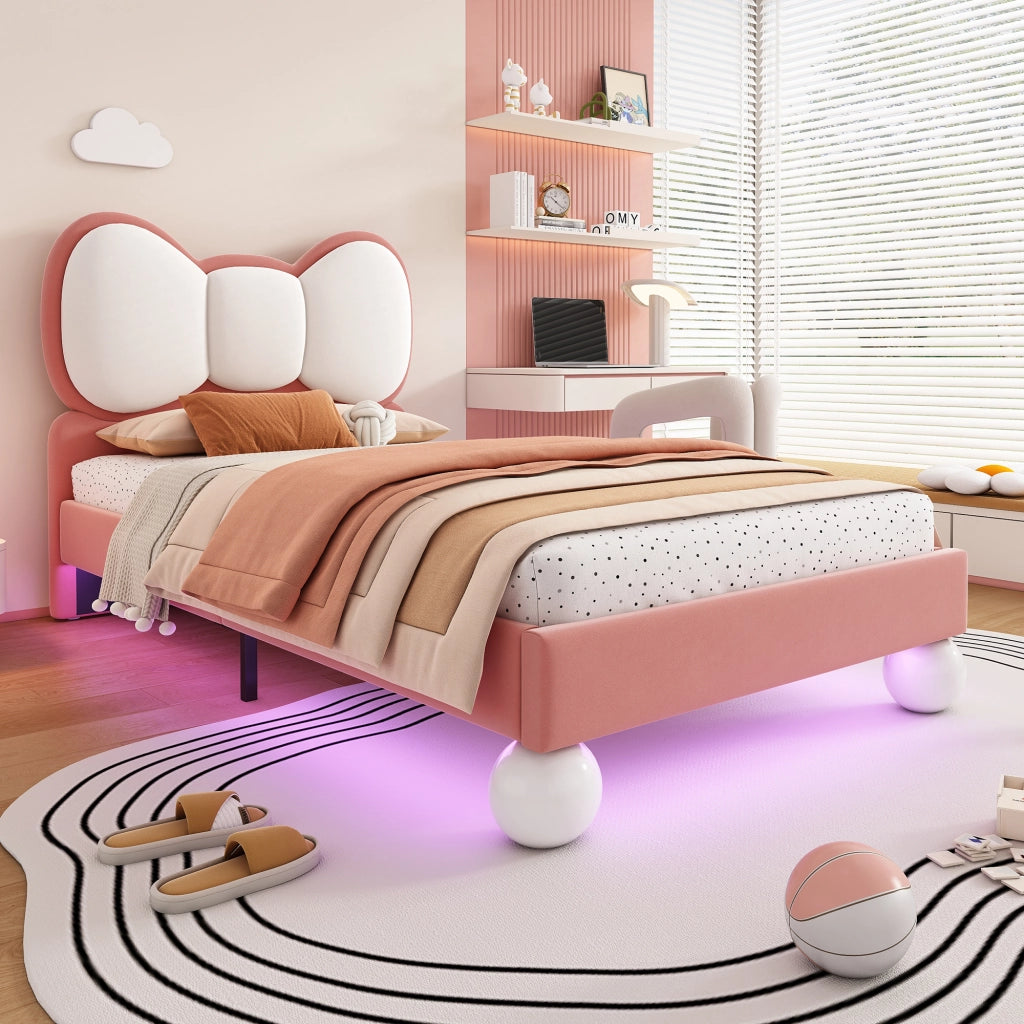 Letto per Bambini 90×200 cm; Letto Singolo con LED Regolabile e Testiera a Farfalla; senza Materasso; Velluto Rosa e Beige