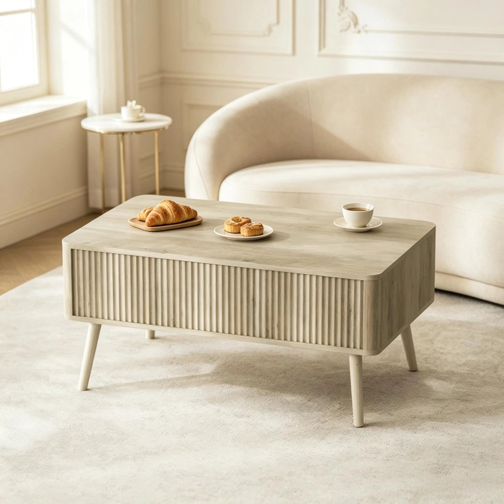 Tavolino da salotto alzabile con 2 vani nascosti; piano regolabile e angoli arrotondati; in MDF e pino; rovere
