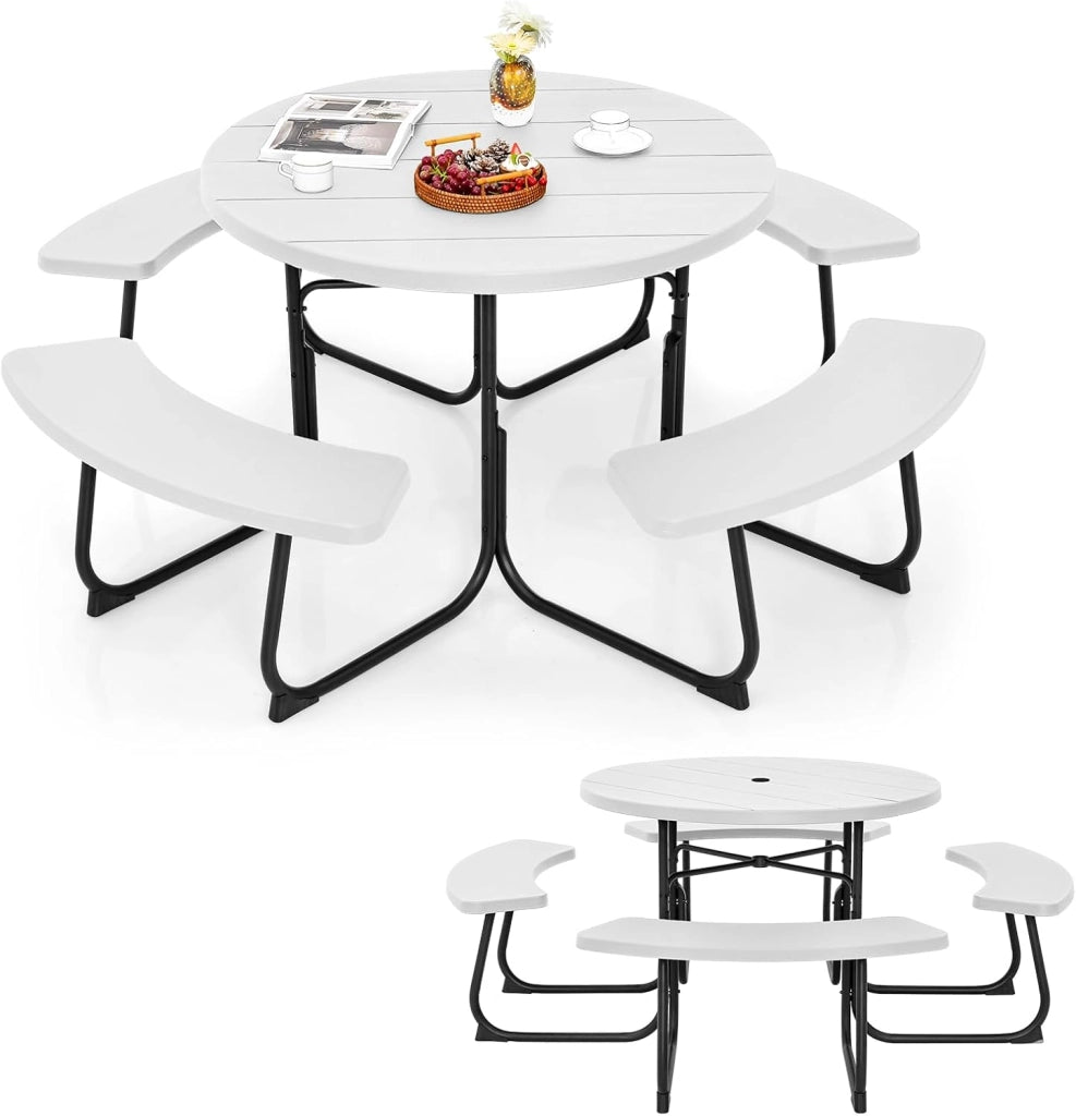 Set di Tavolo da Picnic Rotondo per 8 Persone, Set di Sedie e Tavolo con Foro per Ombrellone, Mobili da Giardino con 4 Panche, in HDPE e Metallo, φ190 x 76 cm (Bianco)