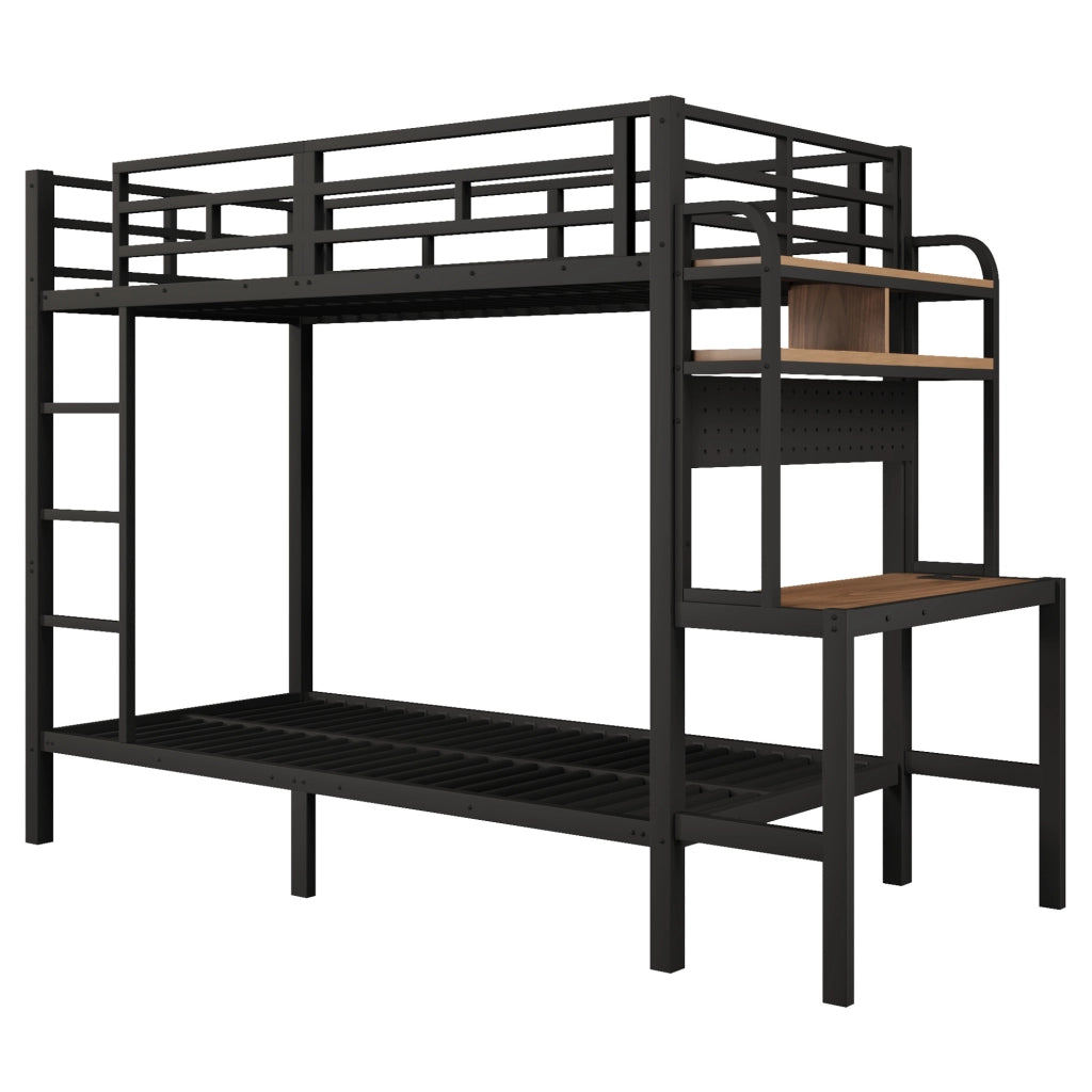 Letto a castello 90x200 cm in metallo e MDF; con scrivania; LED; USB e scala; nero