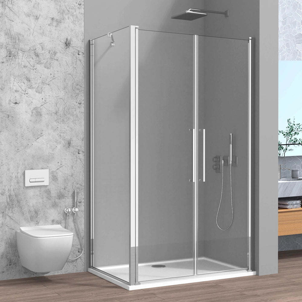 Box doccia angolare 90x90 con apertura saloon in vetro temperato trasparente con profili cromati Neos