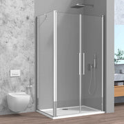 Box doccia angolare 90x90 con apertura saloon in vetro temperato trasparente con profili cromati Neos