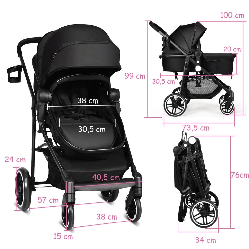 Passeggino per bambini con sedile reversibile e cappuccio regolabile, Passeggino 2 in 1 piegatura con una mano Nero-Passeggini per bimbi