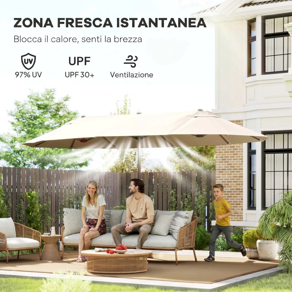 Ombrellone Doppio da Giardino ¨C Xylo ¨C 4.6x2.7m Beige Acciaio Poliestere Anti UV con Prese d'Aria