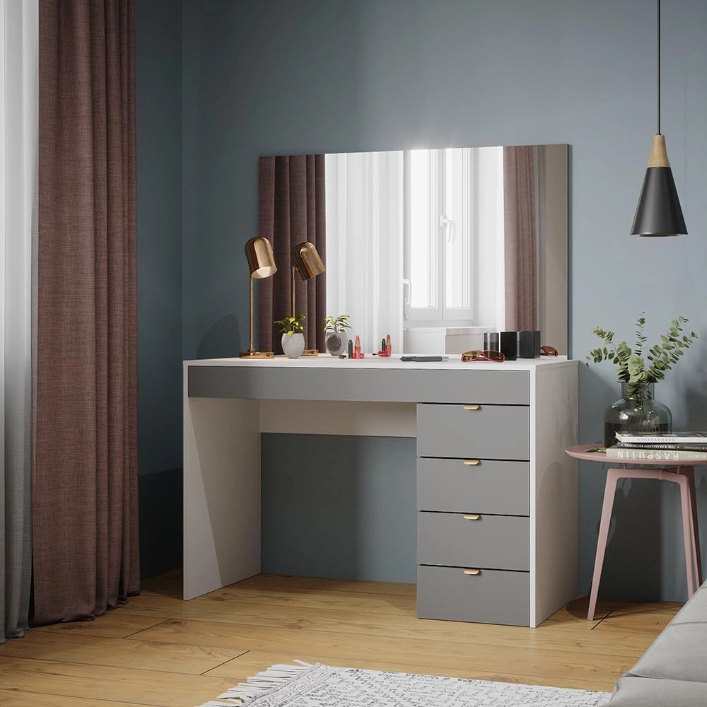 Tavolo da toeletta Elise, Bianco/grigio/grigio, 115 cm con specchio, con specchio fisso integrato per l’uso quotidiano