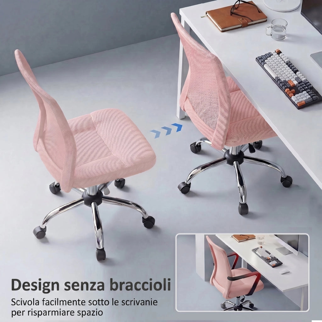 Sedia da Ufficio Ergonomica Girevole 43x58x90-100 cm Senza Braccioli in Tessuto Traspirante a Rete Rosa