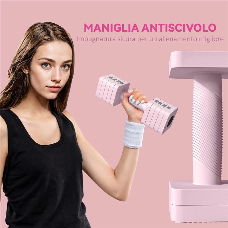 SET 2 MANUBRI PESI QUADRATI E ANTISCIVOLO DA 5 KG CON PIASTRE RIMOVIBILI, IN ACCIAIO E ABS, 32X9X9 CM, ROSA