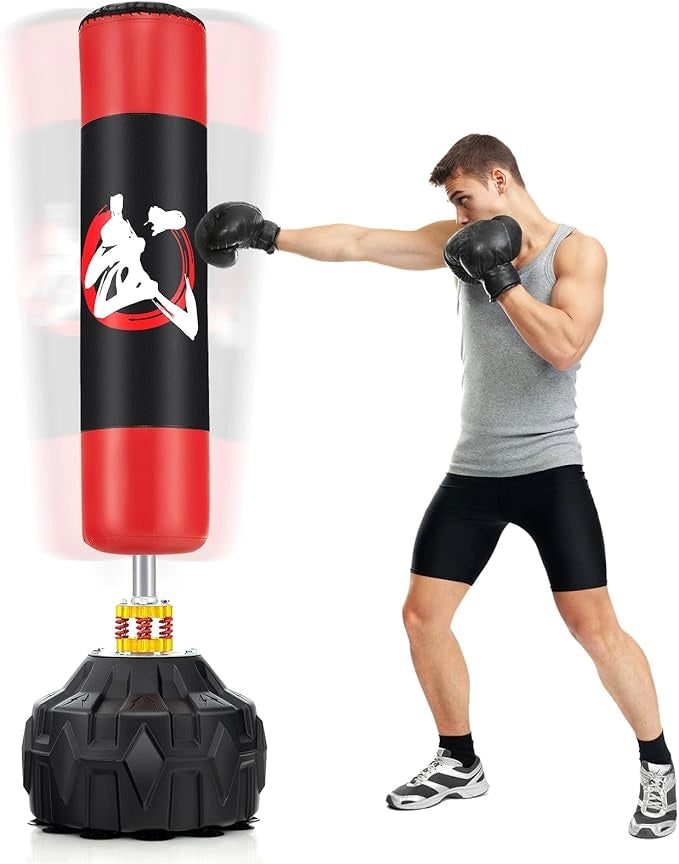 Sacco da Boxe da Terra, Pungiball Autoportante con Base Riempibile, 12 Ventose e Ammortizzatori per Adulti e Adolescenti, Punching Ball in Piedi per Allenamento in Casa e Ufficio