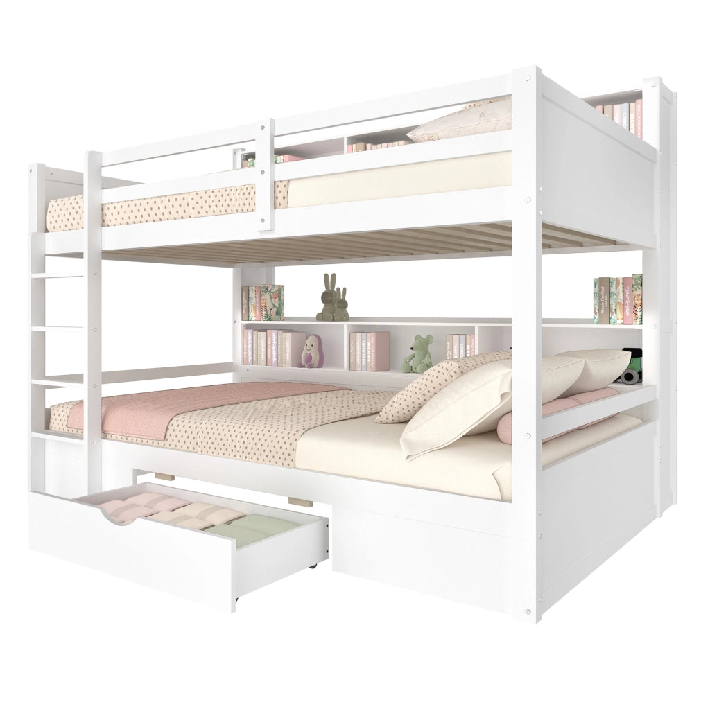 Letto a castello 90x200 cm con cassetto e vani portaoggetti; legno; bianco (Senza materasso)