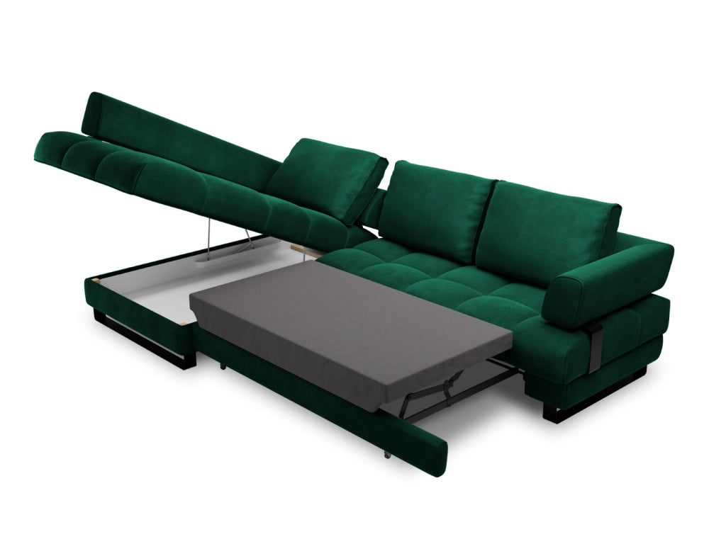 Cosmopolitan Design - Divano convertibile angolare sinistro con box "Clinton" 5 posti in velluto verde bottiglia 