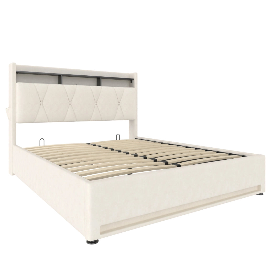 Letto imbottito 160x200 cm con LED; contenitore e USB in velluto beige