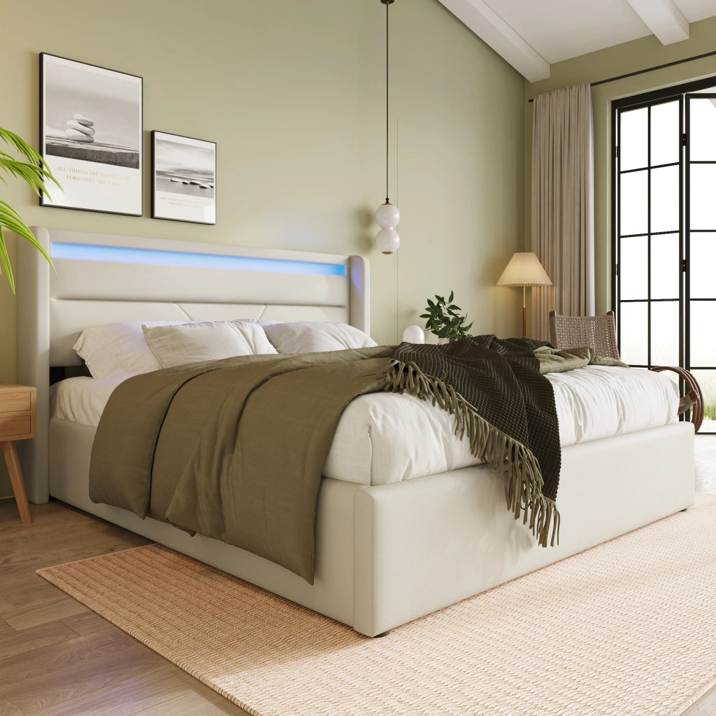 LETTO IMBOTTITO CONTENITORE 160x200 cm IN PU BIANCO CON LED