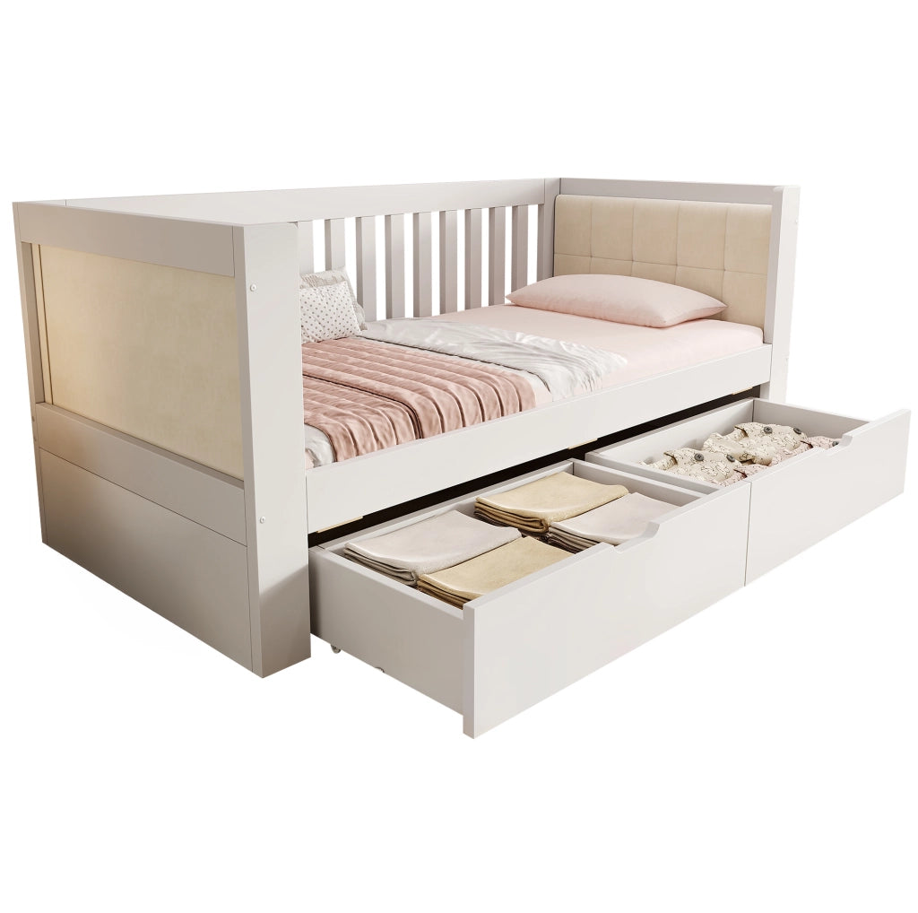 Letto da giorno 90 x 200 cm in pino bianco con 2 cassetti e schienale imbottito