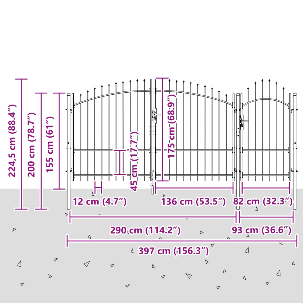 Cancello da Giardino con Punte a Forma di Lancia Grigio 175x400 cm Acciaio
