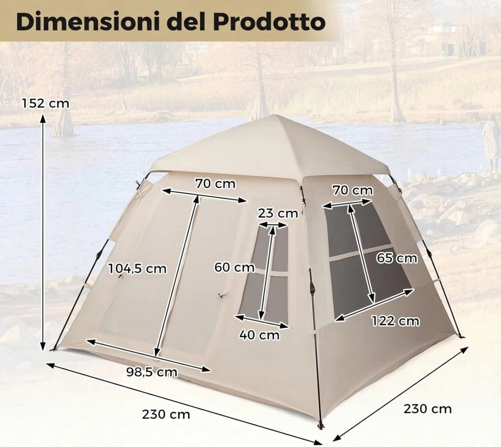 Tenda da Campeggio 3-4 Persone, Tenda Familiare con 4 Finestre Antizanzare Traspiranti e 2 Porte, Telo Antipioggia Rimovibile e Protezione Solare, Facile da Montare