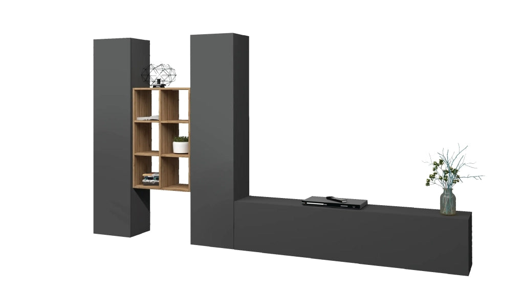 Parete attrezzata antracite TV moderna 2 armadi libreria 6 vani in legno Manny RT