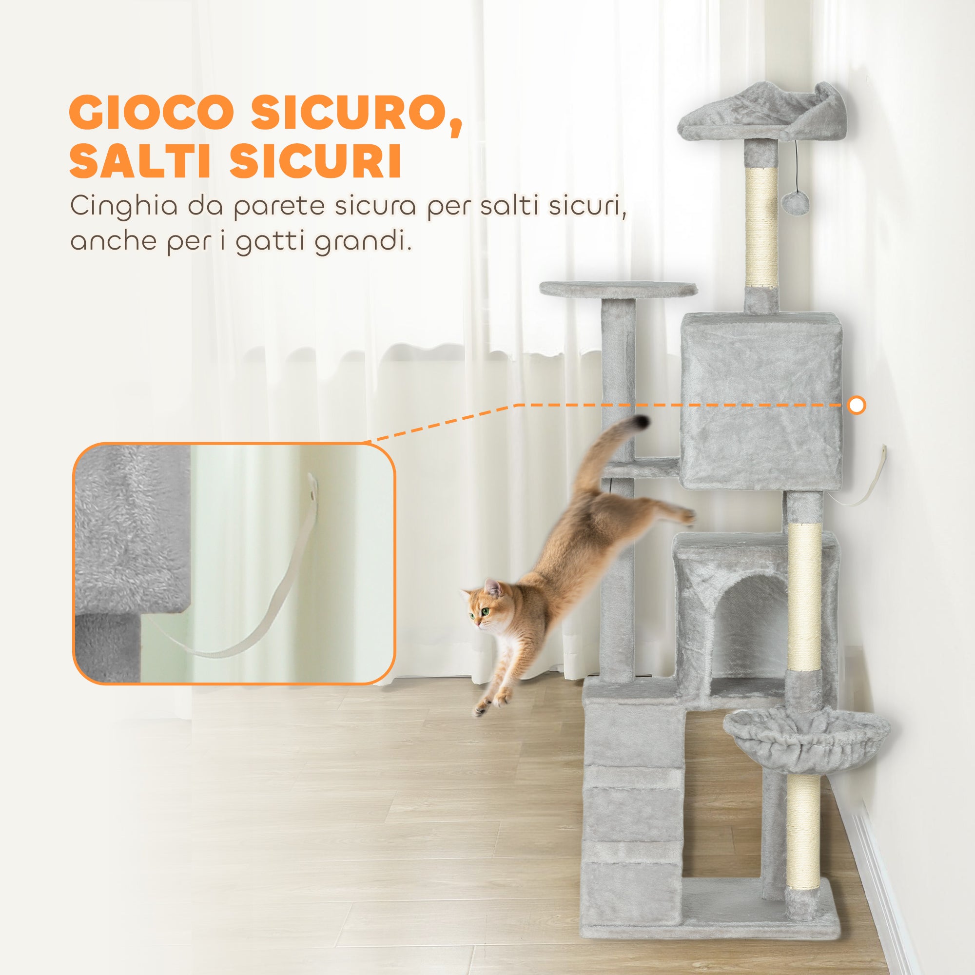 Albero Tiragraffi per Gatti Alto 160 cm con 2 Casette Amaca Lettino e Pali in Sisal Grigio