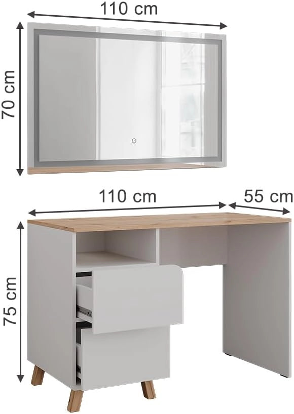 Tavolo da toeletta Karen, Bianco/Artisan, 110 cm con specchio a LED, Materiali robusti per un utilizzo duraturo