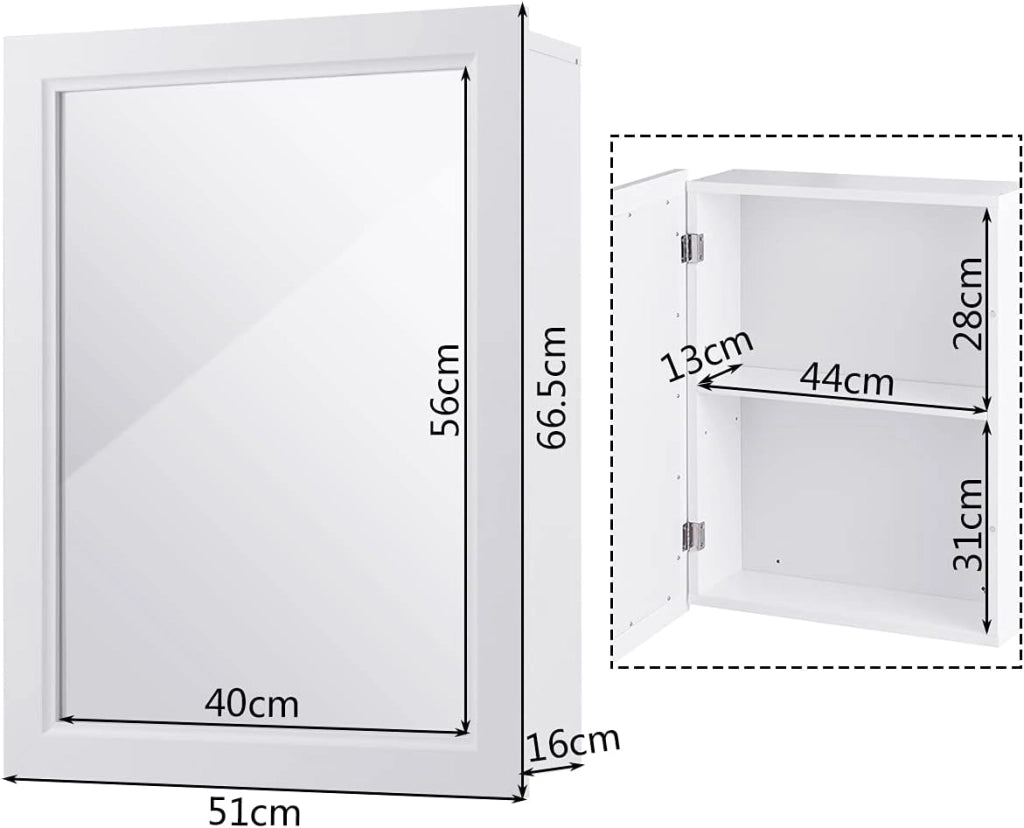 Armadietto da Bagno con Specchiera, Specchio da Parete, Armadietto da Muro per Bagno, 2 in 1 Design Specchio, Ripiano Regolabile in Altezza, Legno, 50 x 16 x 66 cm (Bianco)