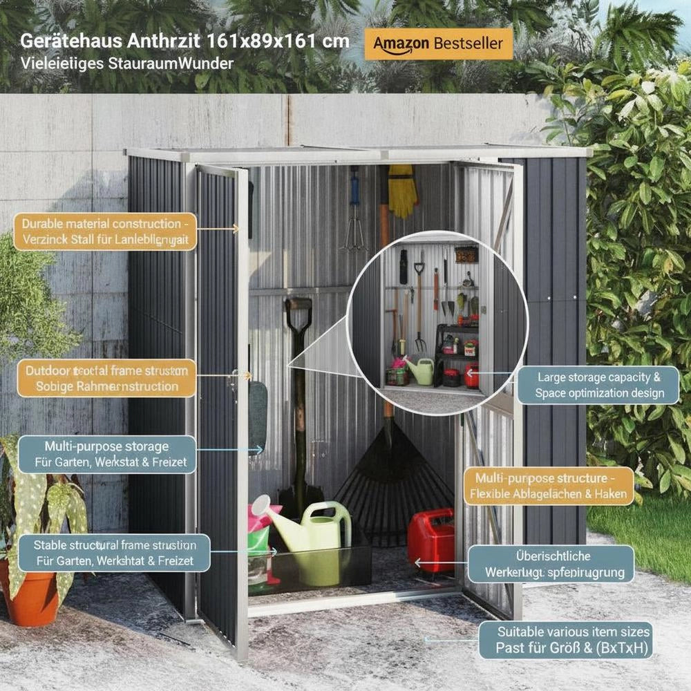 Garden Shed, Anthracite, 161x89x161 Cm, Galvanized Steel