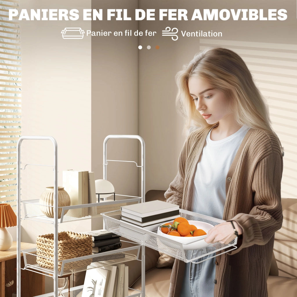 Carrello a 5 livelli con cestini e ganci ¨C zephmum ¨C bianco 45x26.5x106cm