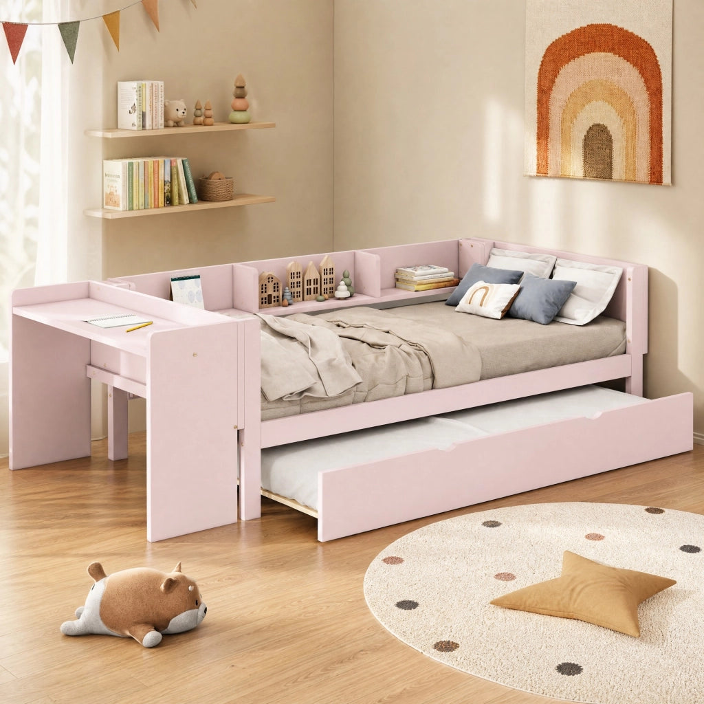 Letto singolo rosa 90x200 cm con letto estraibile, scrivania e 3 ripiani