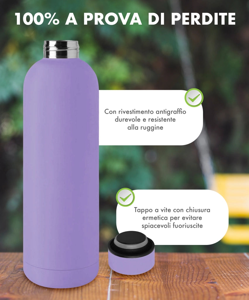 Borraccia Termica 1 Litro Bottiglia Acciaio Inox Inossidabile Doppio Strato 1000 Ml Tappo Antigoccia Doppia Camera Bevande Calde Fredde Termos Sistema Sottovuoto Rivestimento Soft Touch  - Lilla