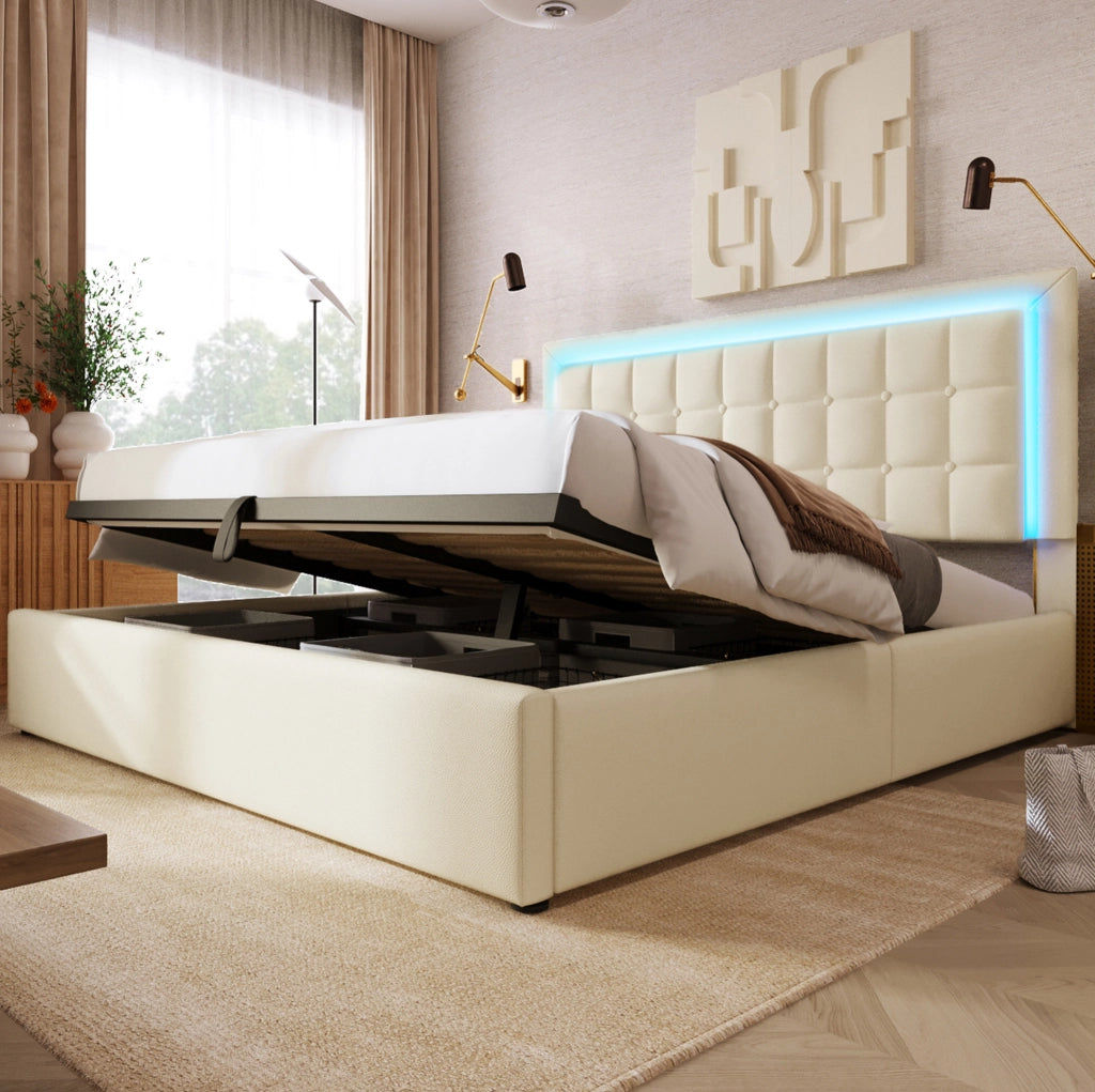 Letto matrimoniale 180x200 cm con LED e vano contenitore bianco