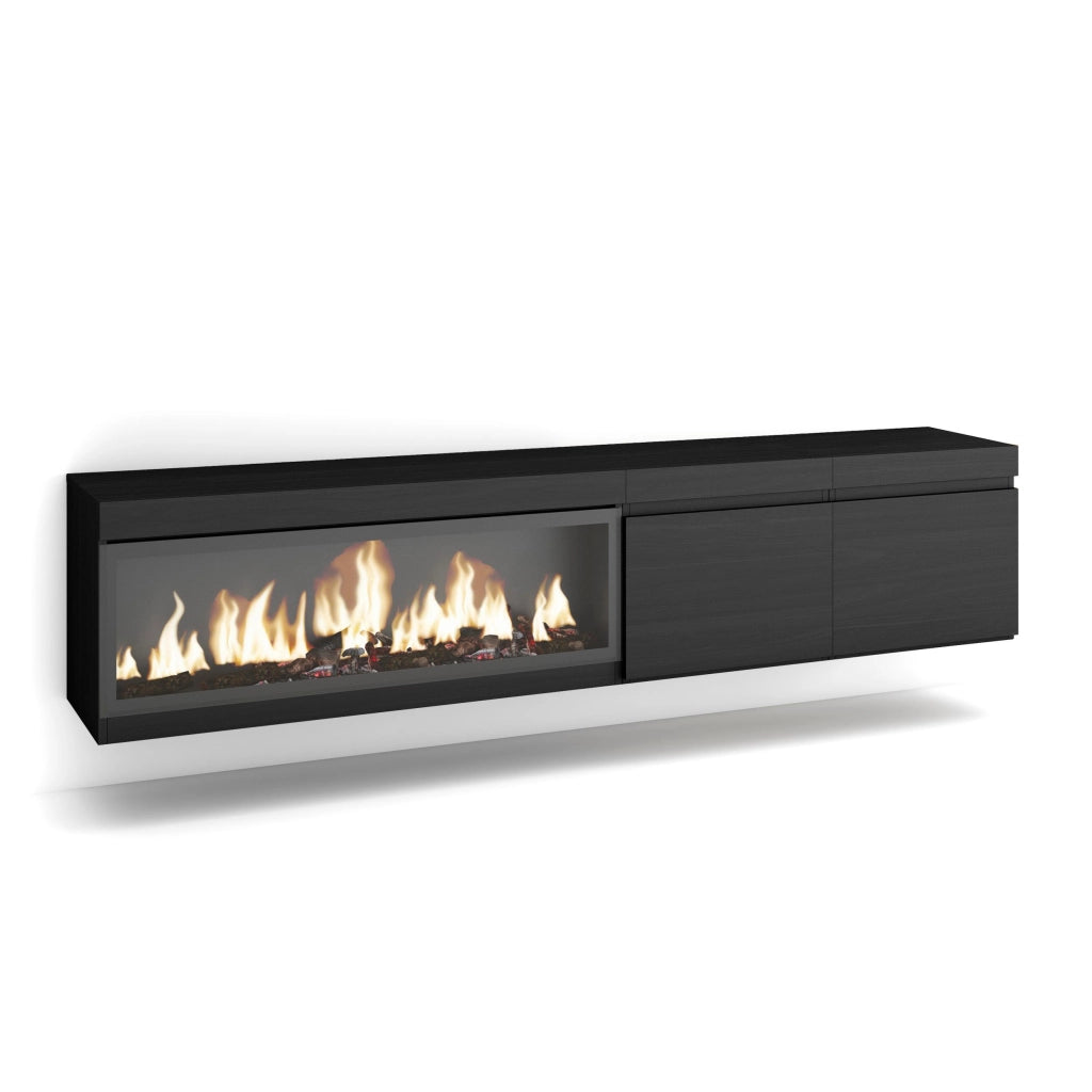 Mobile TV Soggiorno, 208x35x45cm, Per TV fino a 80", Camino elettrico XXL, da appendere, Nero RF3261