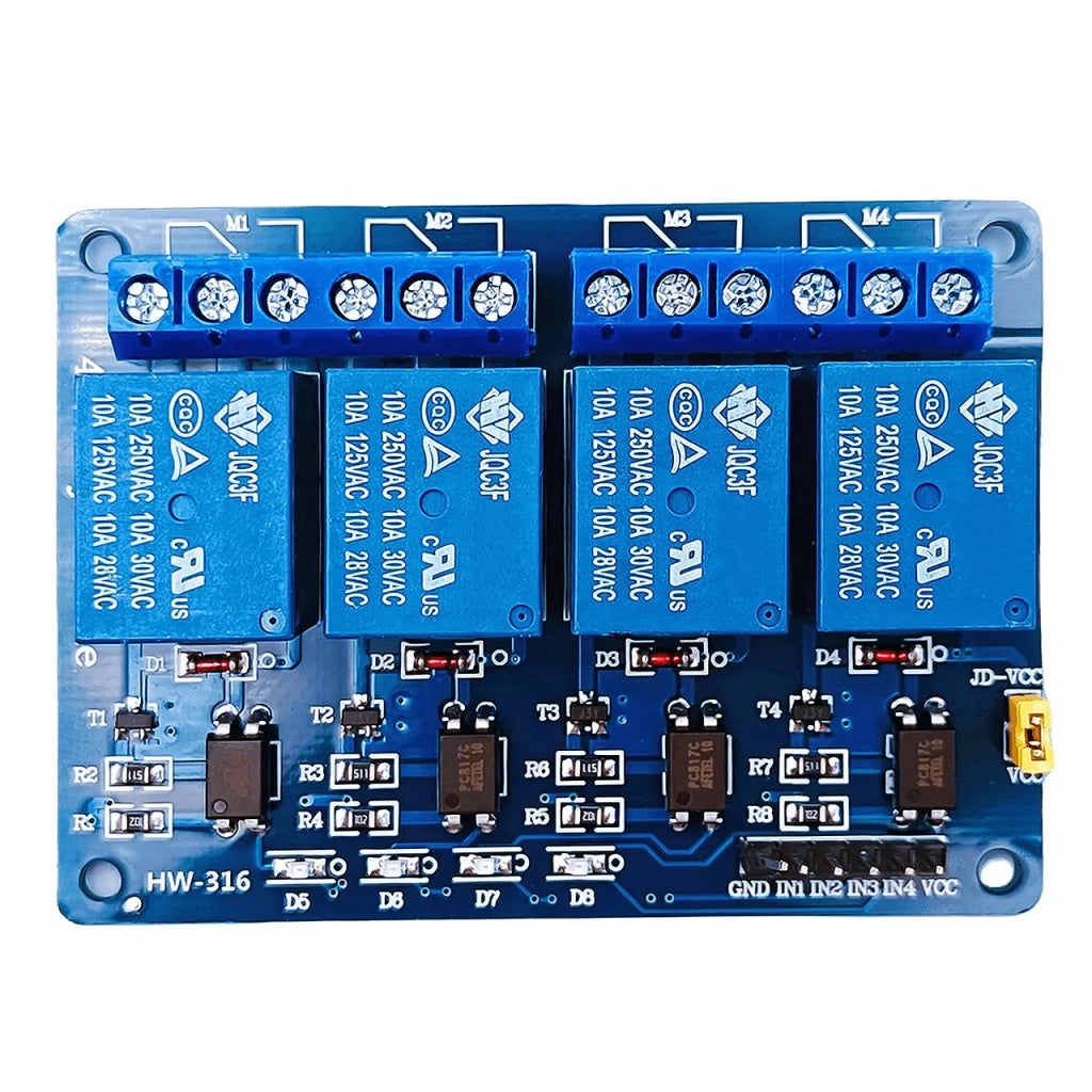 Modulo Relè 4 Canali 5V per Arduino – Isolamento Ottico, SPDT | Dimensioni 72x50x19 mm, 10A | Automazione e Robotica