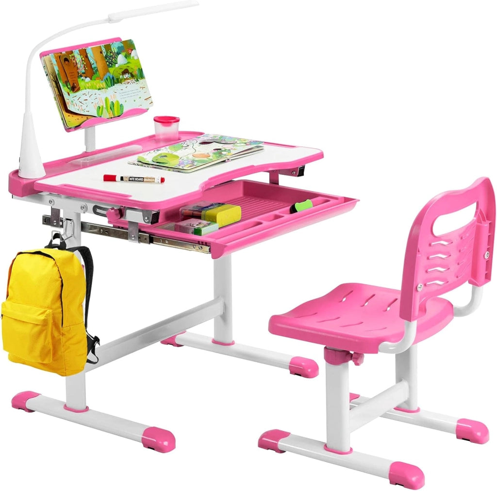 Set Scrivania e Sedia per Bambini, Tavolo Regolabile in Altezza con Piano Inclinabile 45° e Luce LED 3 Modalità, Tavolo e Sedia Ergonomica in Materiali Sicuri per 4+ Anni (Rosa)