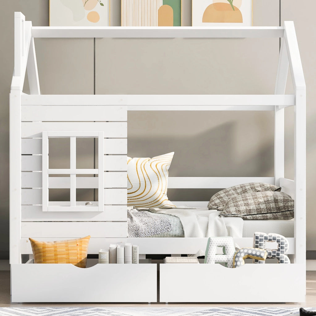 Letto per bambini 80x160 cm; casetta con finestre e cassetti; legno; bianco (Senza materasso)