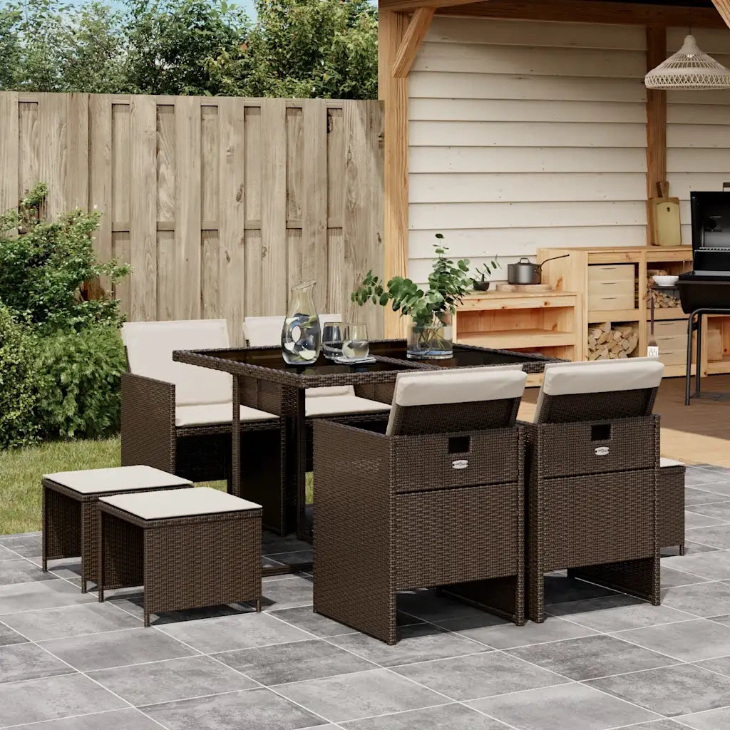 Set da Pranzo da Giardino 9pz | Set Salotto da Giardino con Cuscini Marrone in Polyrattan