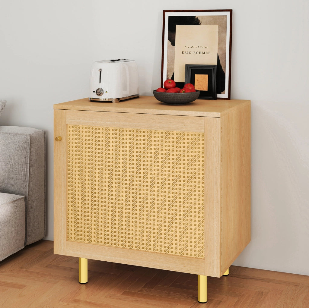 Mobile contenitore a 1 anta in MDF naturale con rattan