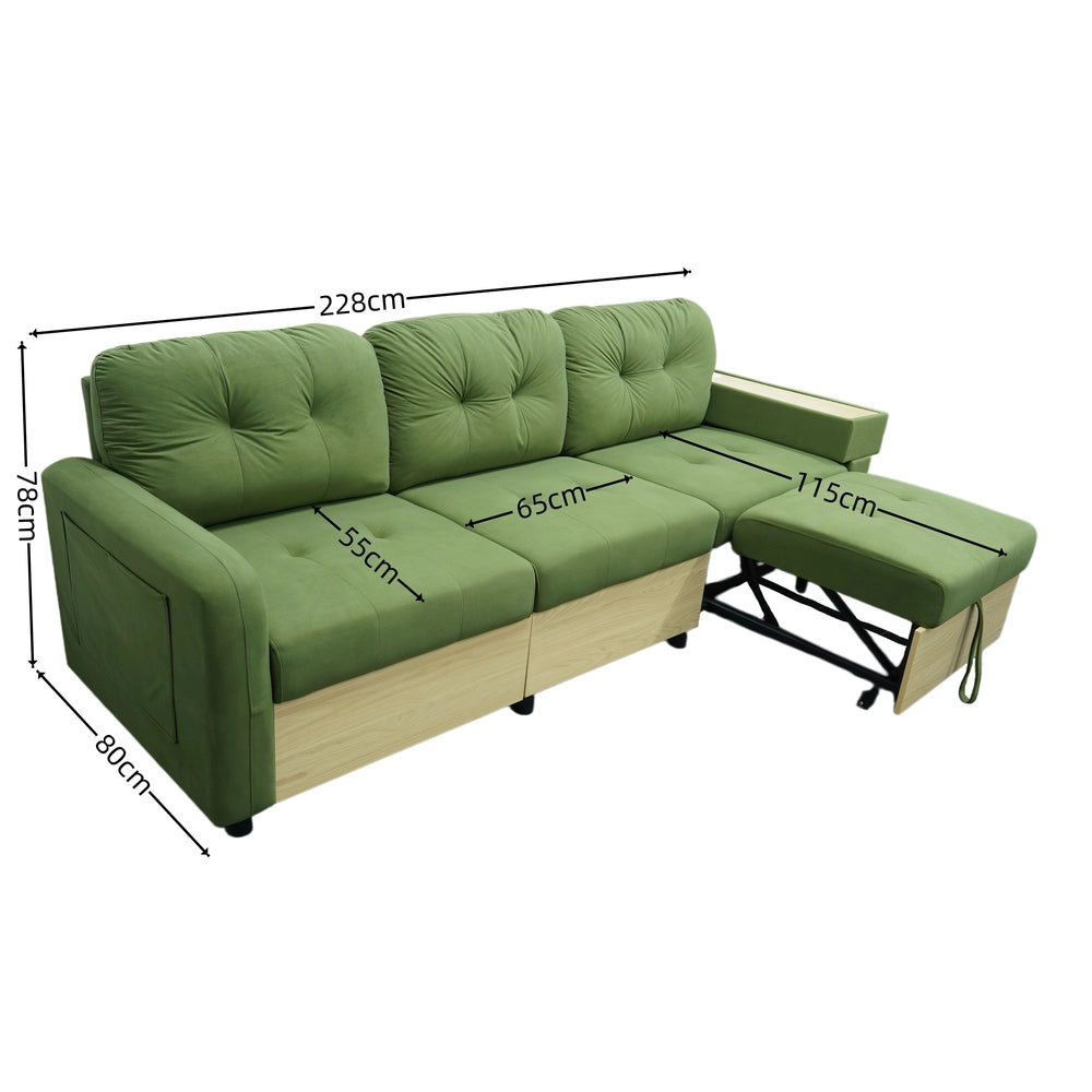 Divano Angolare 3 Posti con Penisola Estraibile ¨C MINIMAL ¨C Velluto Verde, Contenitore, Braccioli in Legno