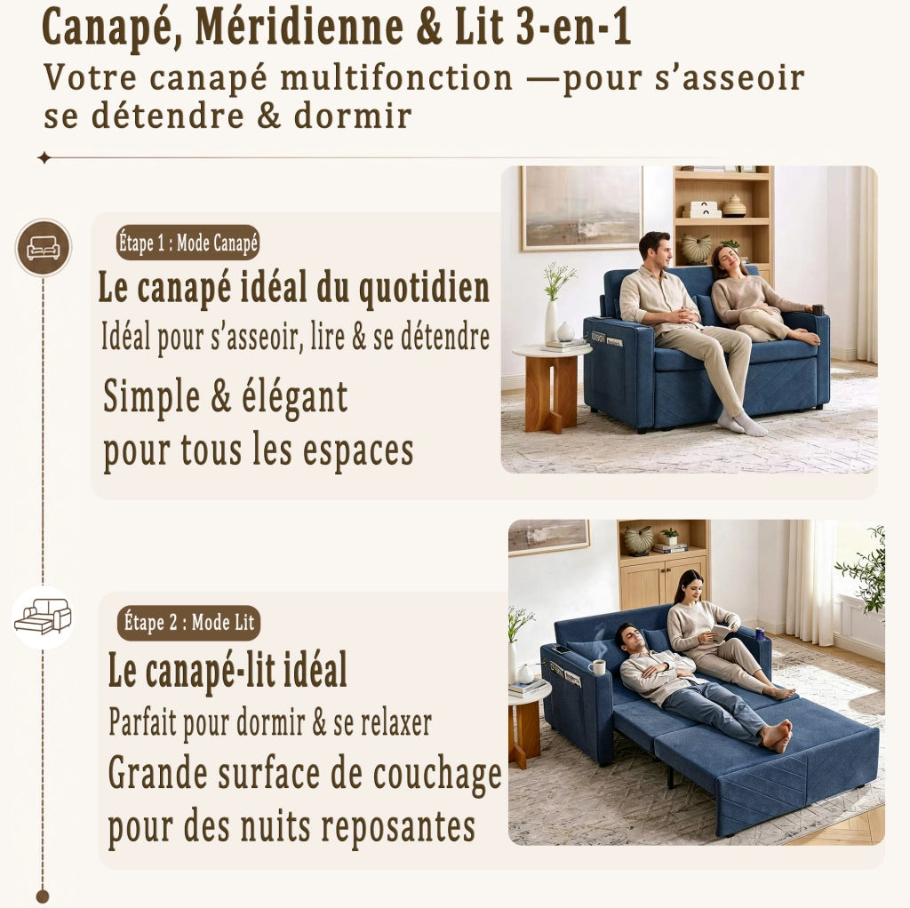 Divano letto 2 posti navy blue con sistema a scorrimento e ricarica USB
