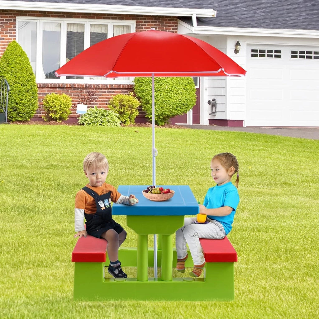 Tavolo da Picnic, Set di Tavolo e Sedie per Bambini con Parasole Pieghevole per Giardino/Terezzo/Parco, Bambini più di 3 Anni (Verde + Rosso + Blu)