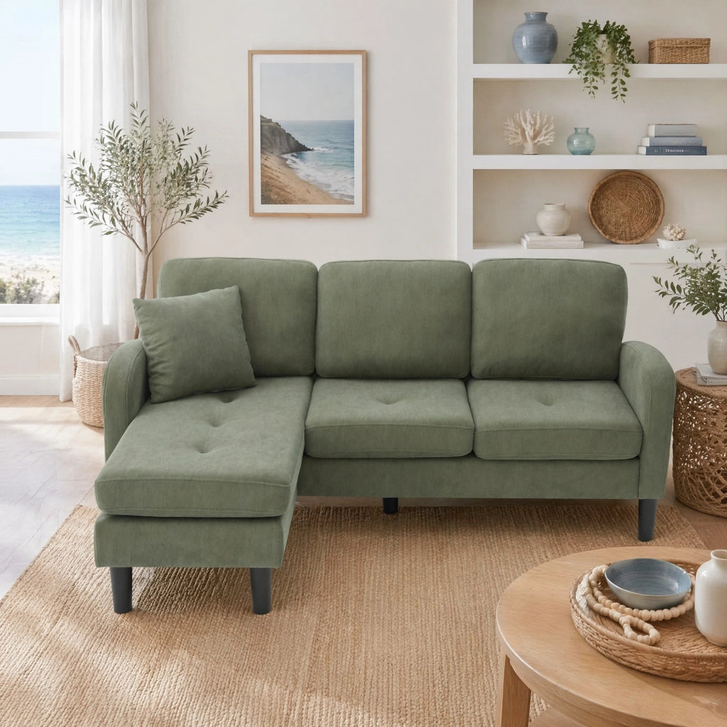 Divano angolare modulare con chaise longue; 166 x 118 x 77 cm; velluto a coste verde