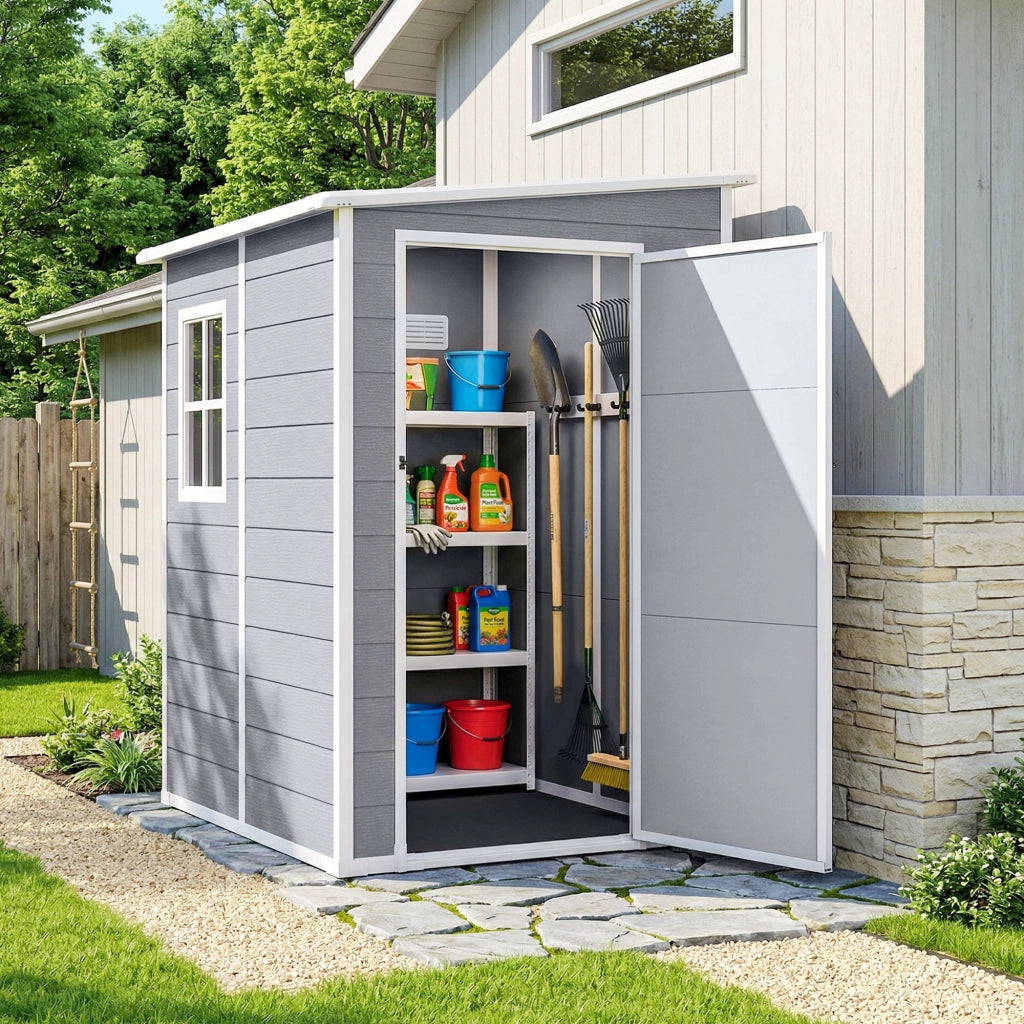 Casetta da Giardino con Finestra e Doppia Porta, in PP e Alluminio, 122x149x192 cm, Grigio