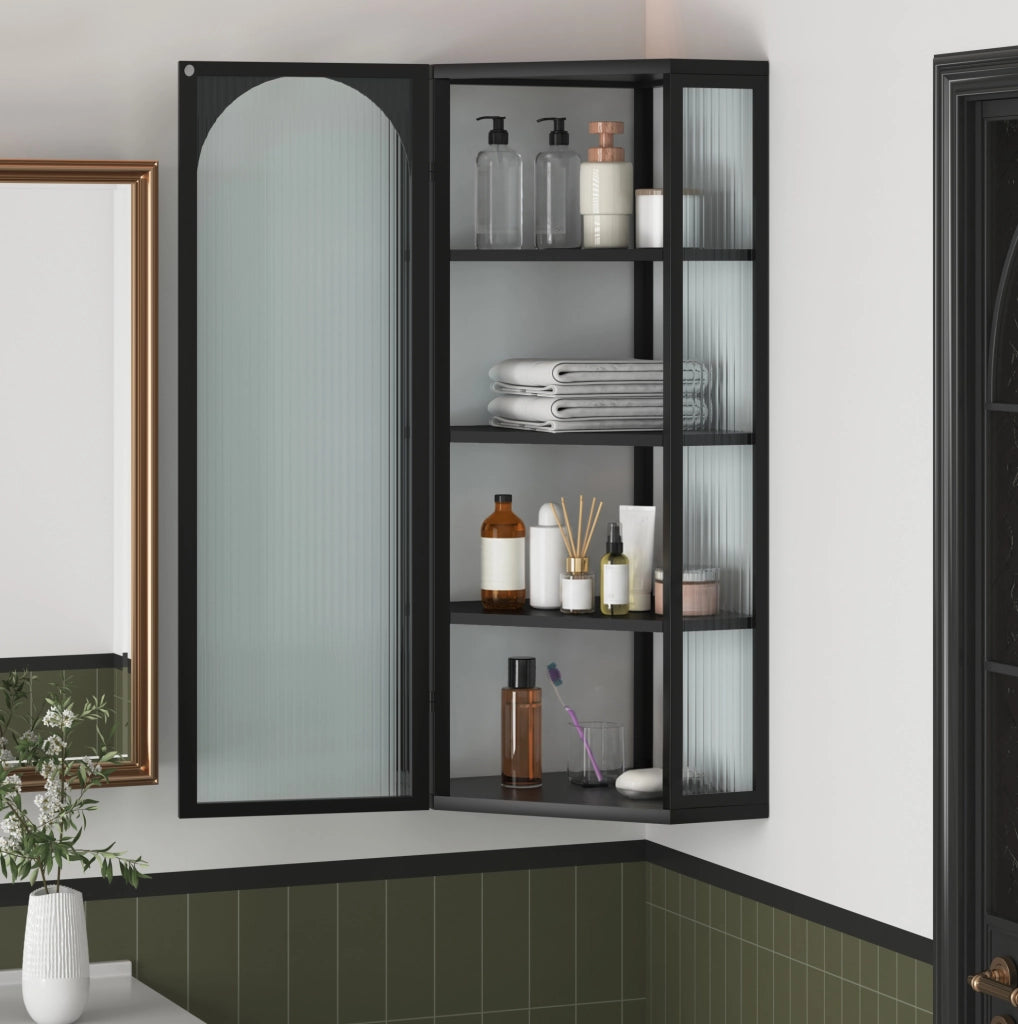 Mobile pensile a parete con 4 ripiani; 56 × 40 × 105 cm; metallo e vetro temperato; nero