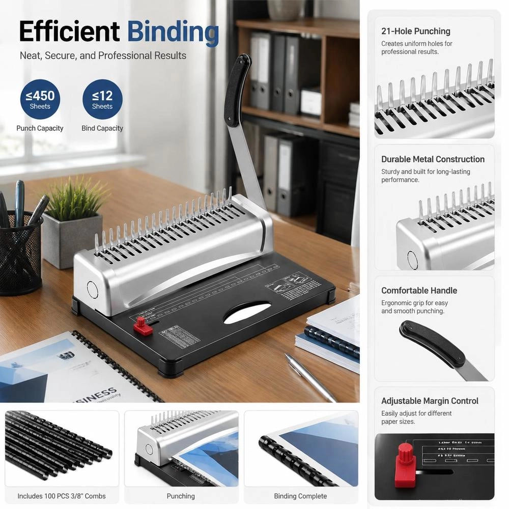 Binding Machine, Comb Binding Machine, 21-hole Binding, 450 Sheets, Bookbinding Machine With 100 3/8 Inch Comb Binding Spines, For Letter Size, A4, A5