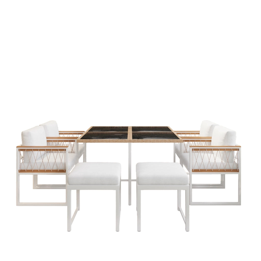 Set da pranzo per esterni da 6 posti con tavolo quadrato, 4 sedie e 2 pouf, struttura in acciaio, nero e bianco