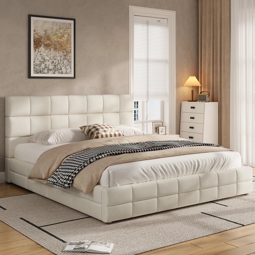Letto imbottito 180x200 cm con testiera in velluto beige