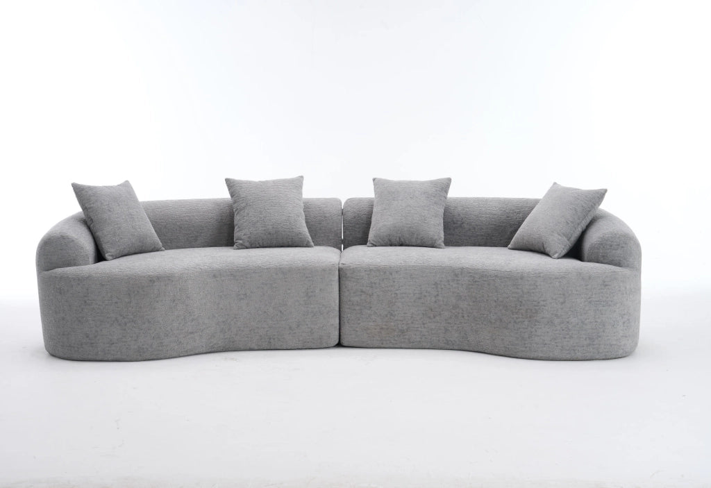 Divano modulare a 4 posti in chenille grigio, design moderno e curvo, senza montaggio