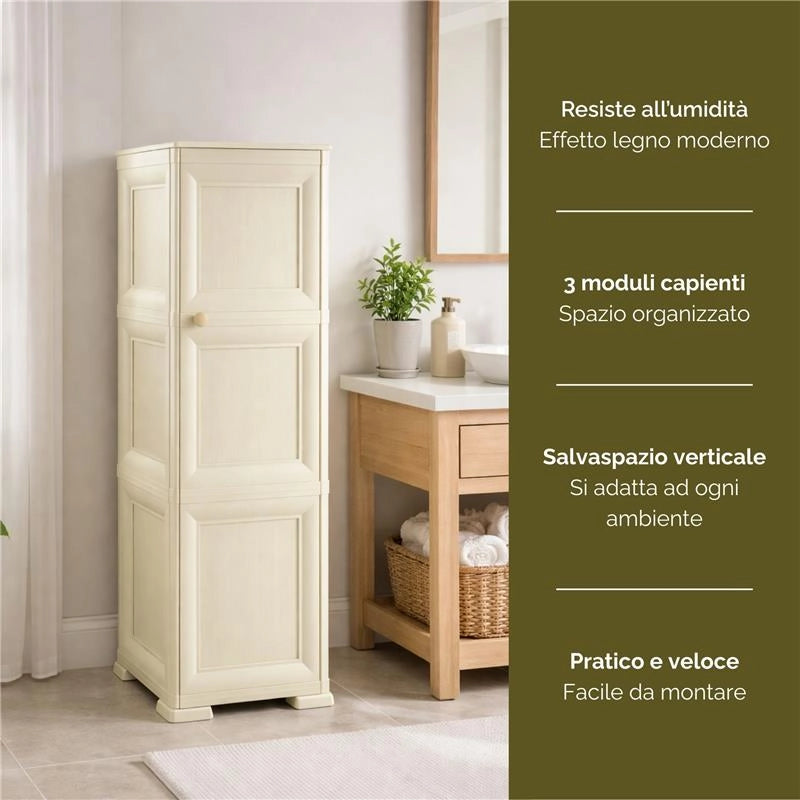 MOBILE IN PLASTICA ELEGANTE 3 MODULI ANGORA 40X43X125 CM CON ANTE EFFETTO LEGNO – CONTENITORE VERTICALE SALVASPAZIO DESIGN