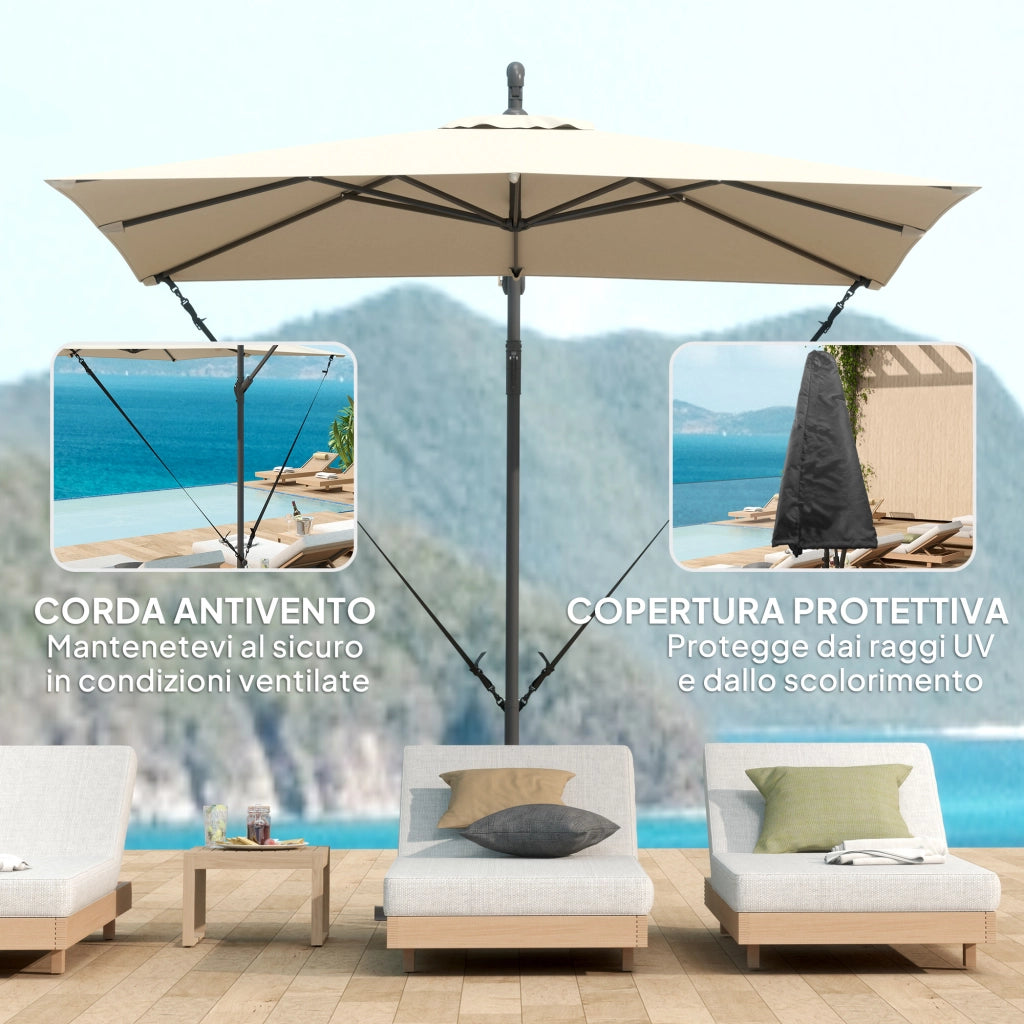 Ombrellone a Sbalzo 247x247 cm con Base a Croce e Manovella in Metallo e Poliestere Cachi
