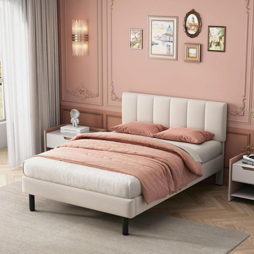 Letto imbottito con rete a doghe 140x190 cm in Sherpa beige