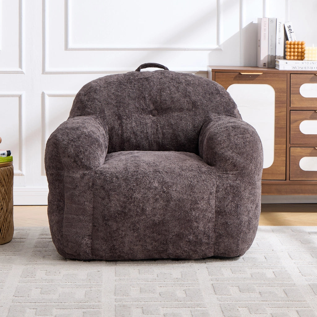 Pouf con imbottitura in schiuma sminuzzata e schienale ergonomico con braccioli, in pelliccia sintetica, grigio scuro