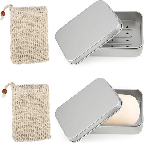 Due contenitori di sapone in alluminio con rete di sapone in canapa - per sapone e shampoo solido da viaggio.